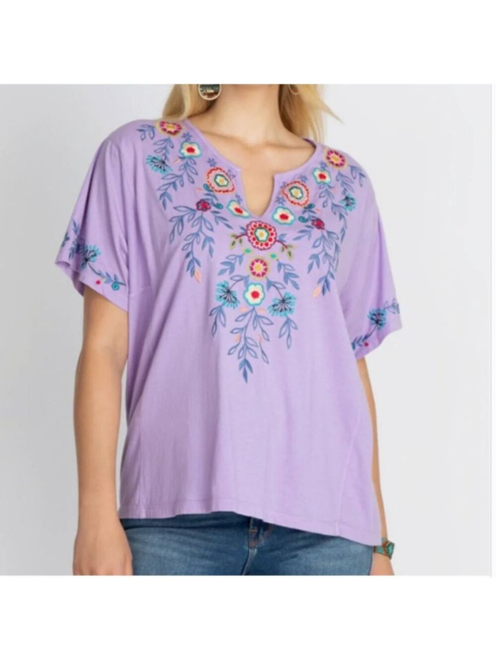 Johnny Was Sicilia Floral-Embroidered Tee NWT - Size XS